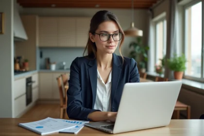 Jeune femme en blazer bleu étudie taux hypothécaire