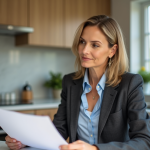 Femme d'âge moyen lisant des documents de prêt immobilier dans une cuisine moderne