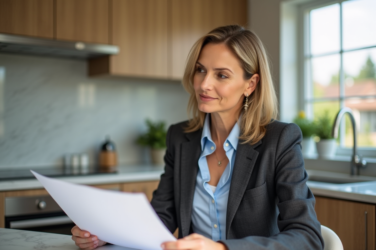 Femme d'âge moyen lisant des documents de prêt immobilier dans une cuisine moderne