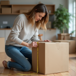 Femme mesurant une grande boxe en carton dans un appartement