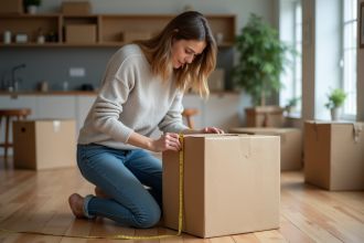 Femme mesurant une grande boxe en carton dans un appartement