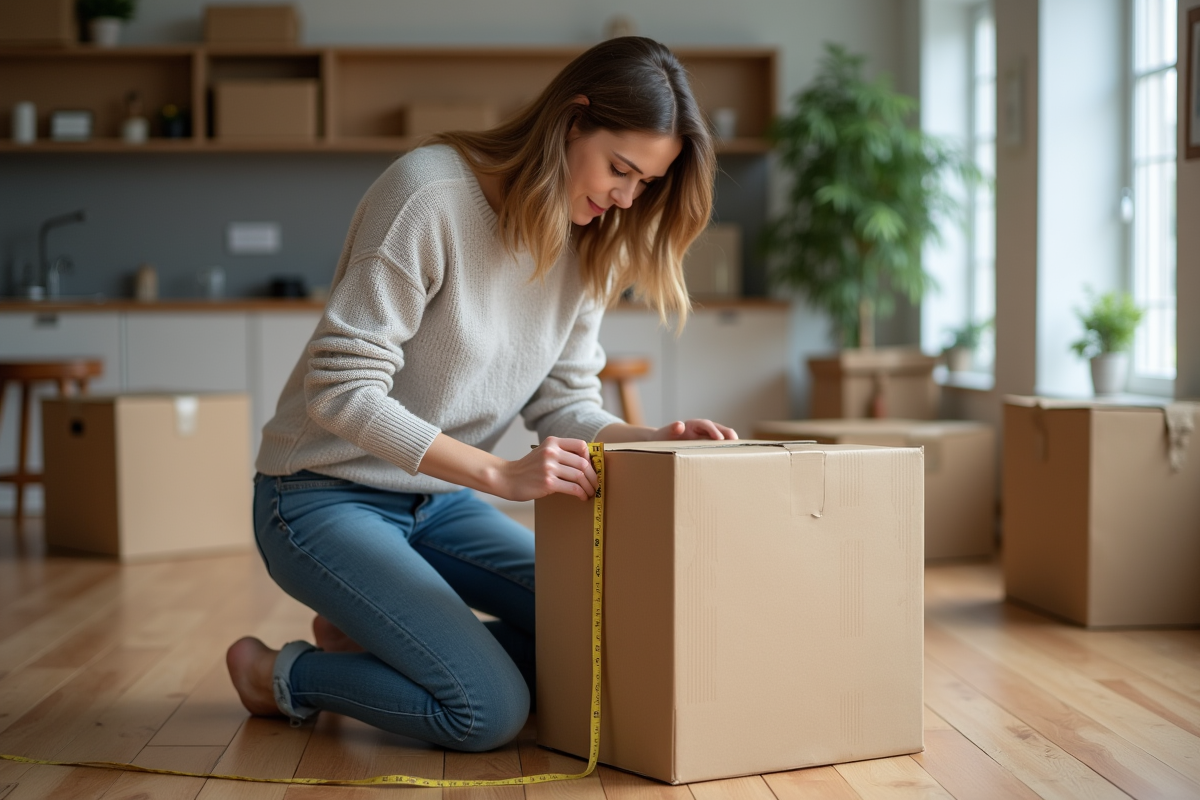 Femme mesurant une grande boxe en carton dans un appartement