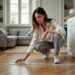 Femme mesurant au mètre ruban le sol d'un petit salon parisien pour optimiser l'aménagement en mètres carrés