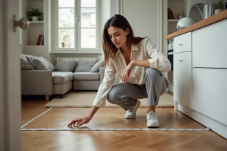 Femme mesurant au mètre ruban le sol d'un petit salon parisien pour optimiser l'aménagement en mètres carrés