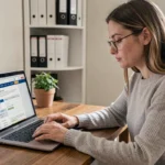 Femme mettant à jour son dossier logement en ligne sur LOC annonce teleservice depuis son bureau à domicile