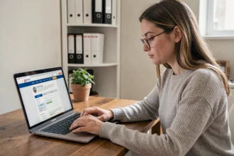 Femme mettant à jour son dossier logement en ligne sur LOC annonce teleservice depuis son bureau à domicile