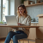 Femme souriante vérifiant son compte EDF à la maison