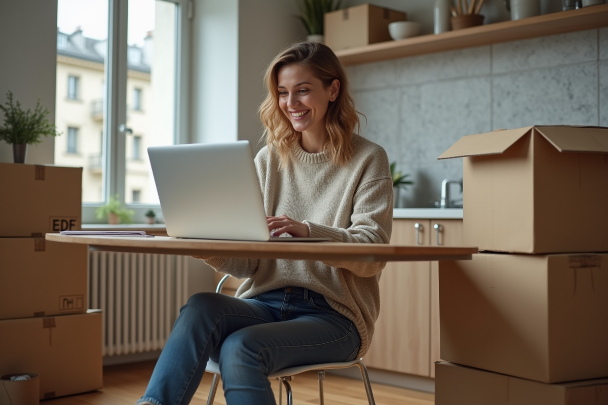 Femme souriante vérifiant son compte EDF à la maison