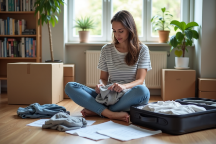 Femme pliant des vêtements dans une pièce lumineuse pour déménagement