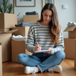 Femme organisée avec liste dans un appartement en déménagement