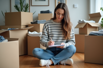 Femme organisée avec liste dans un appartement en déménagement