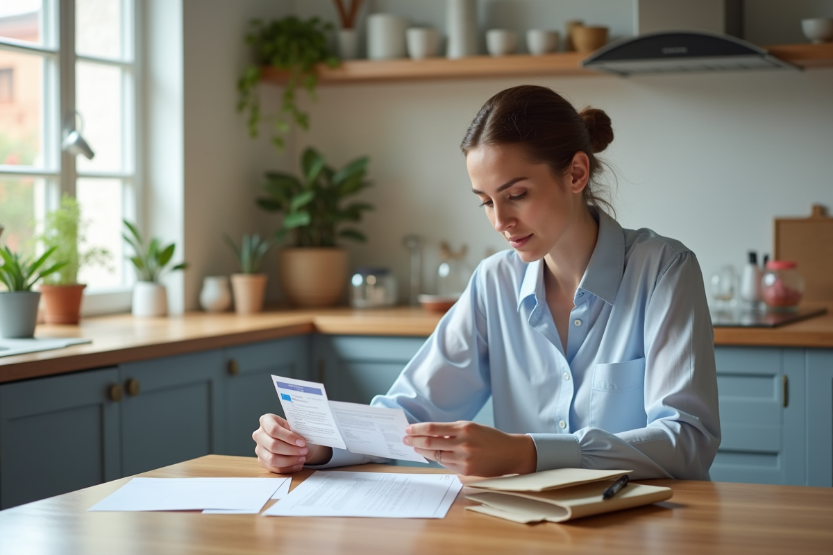 Femme triant ses papiers d'identite dans une cuisine lumineuse