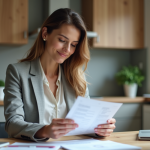 Femme d affaires étudie un document de prêt à la maison