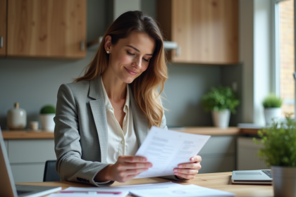 Femme d affaires étudie un document de prêt à la maison