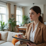 Jeune femme professionnelle examine un salon moderne