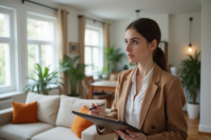 Jeune femme professionnelle examine un salon moderne