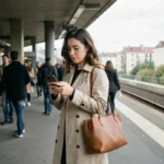 Femme consultant son smartphone sur un quai de RER en Île-de-France, illustration du temps de trajet en transport en commun