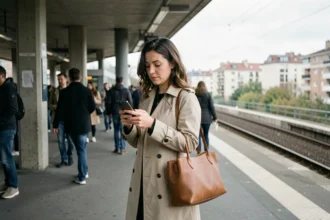 Femme consultant son smartphone sur un quai de RER en Île-de-France, illustration du temps de trajet en transport en commun