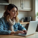 Femme recherchant un logement sur son ordinateur dans la cuisine