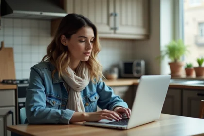 Femme recherchant un logement sur son ordinateur dans la cuisine