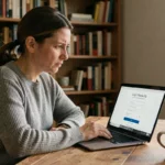 Femme frustrée devant son ordinateur portable essayant de récupérer son mot de passe sur l'espace client My Foncia
