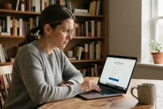 Femme frustrée devant son ordinateur portable essayant de récupérer son mot de passe sur l'espace client My Foncia