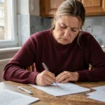 Femme rédigeant une lettre de plainte contre son bailleur à table dans un appartement