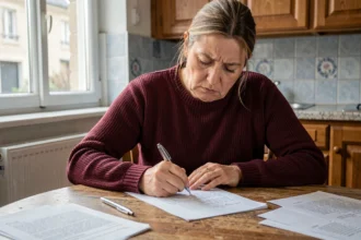 Femme rédigeant une lettre de plainte contre son bailleur à table dans un appartement