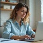 Femme utilisant un ordinateur portable pour créer un compte sur une plateforme de réservation de location en ligne