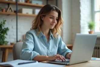 Femme utilisant un ordinateur portable pour créer un compte sur une plateforme de réservation de location en ligne
