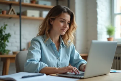 Femme utilisant un ordinateur portable pour créer un compte sur une plateforme de réservation de location en ligne