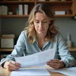 Femme d'âge moyen examinant des documents fiscaux à la maison