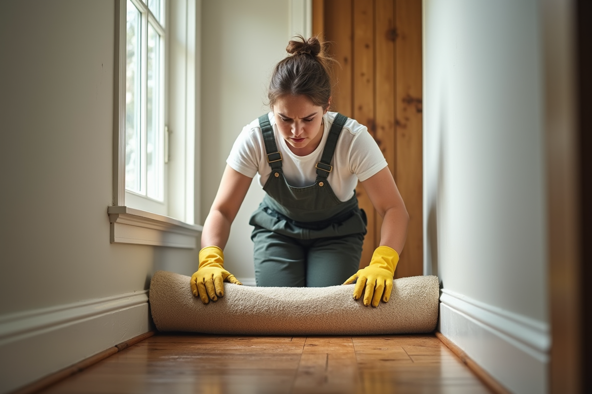 Jeune femme en overalls roule un tapis mouillé dans un couloir