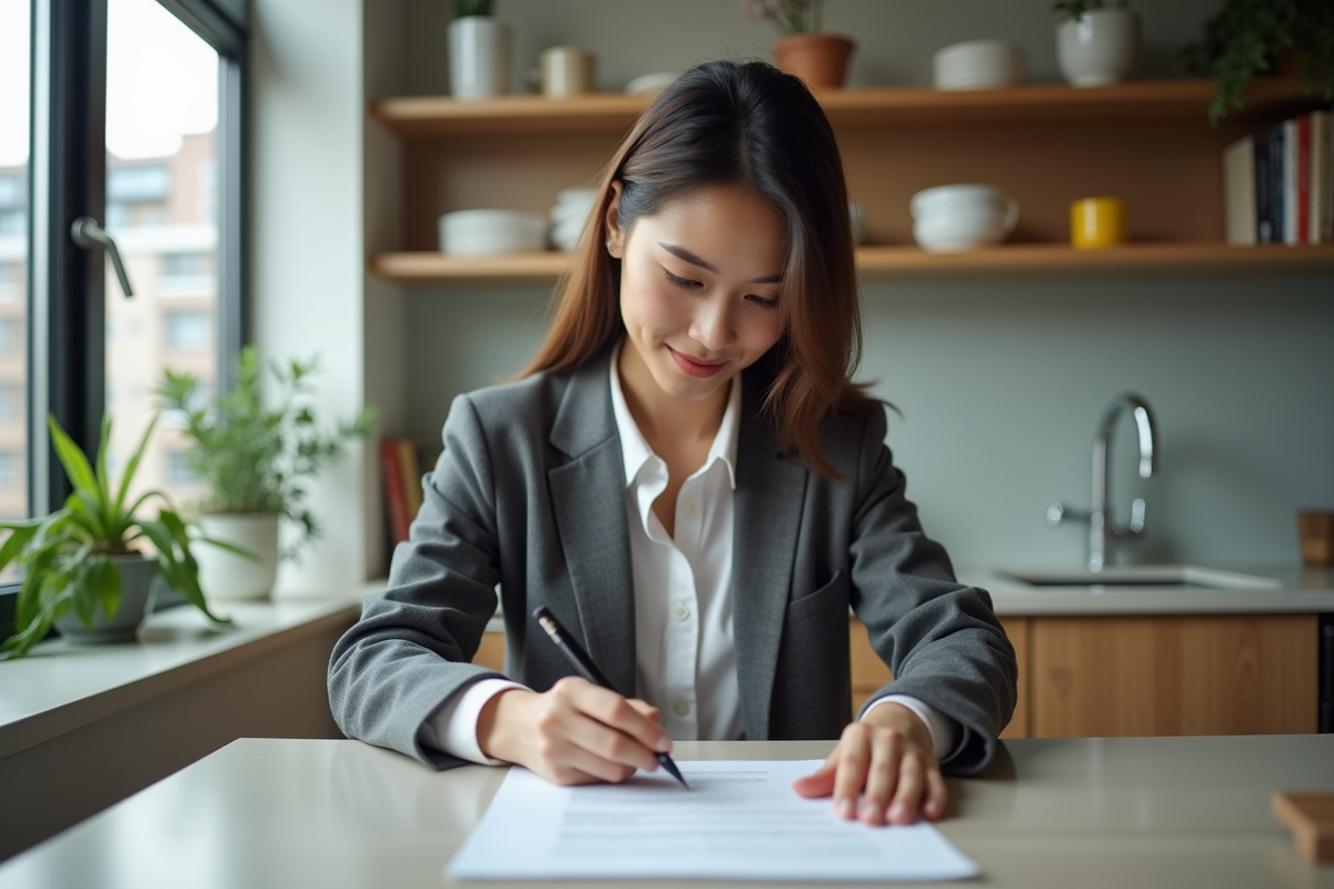 Jeune femme signant un contrat d