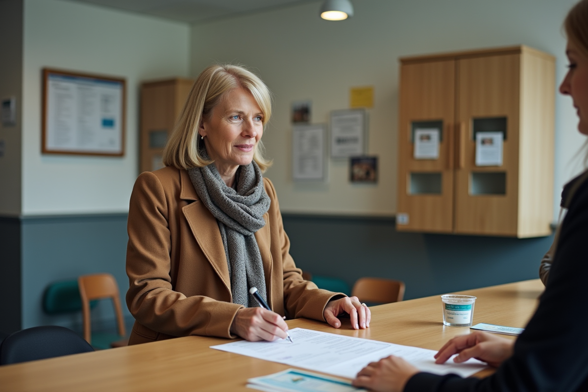 Femme signant des documents à la mairie dans un bureau accueillant
