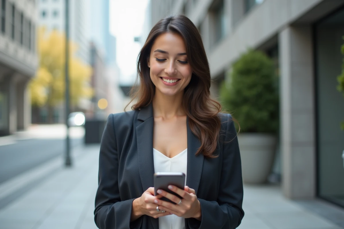 Femme lisant des avis sur son smartphone en extérieur en ville