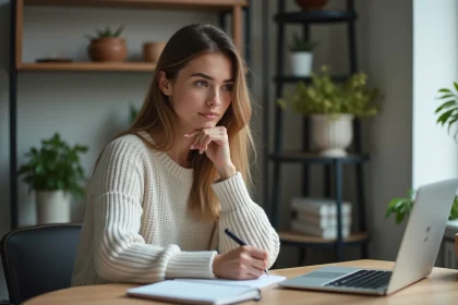 Jeune femme au bureau avec ordinateur pour investissement