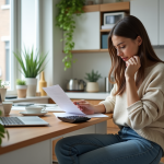 Femme assise à une table de cuisine avec ordinateur et documents