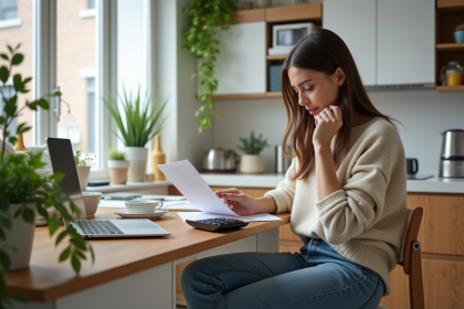 Femme assise à une table de cuisine avec ordinateur et documents