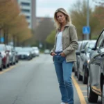 Femme réfléchissant à côté de sa voiture dans un parking