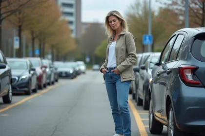 Femme réfléchissant à côté de sa voiture dans un parking