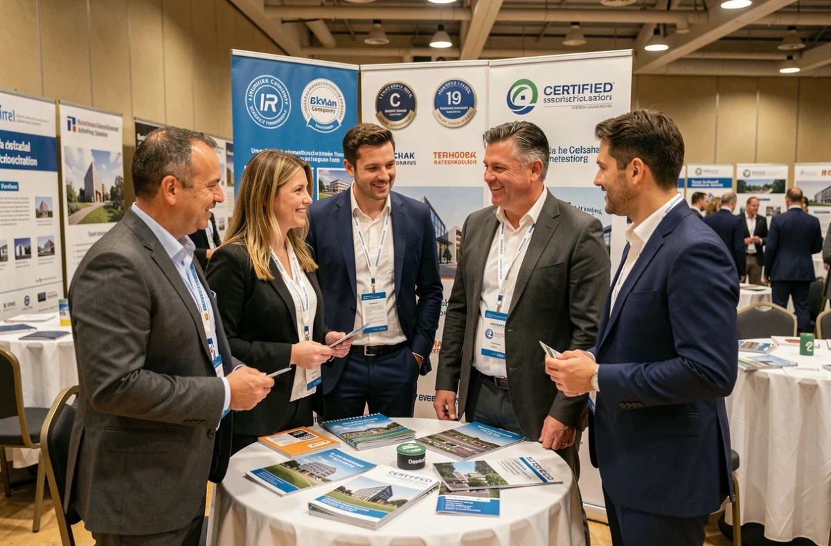 Professionnels du bâtiment qualifiés réunis lors d'un événement du réseau FFB Île-de-France Est, autour d'un stand de certification