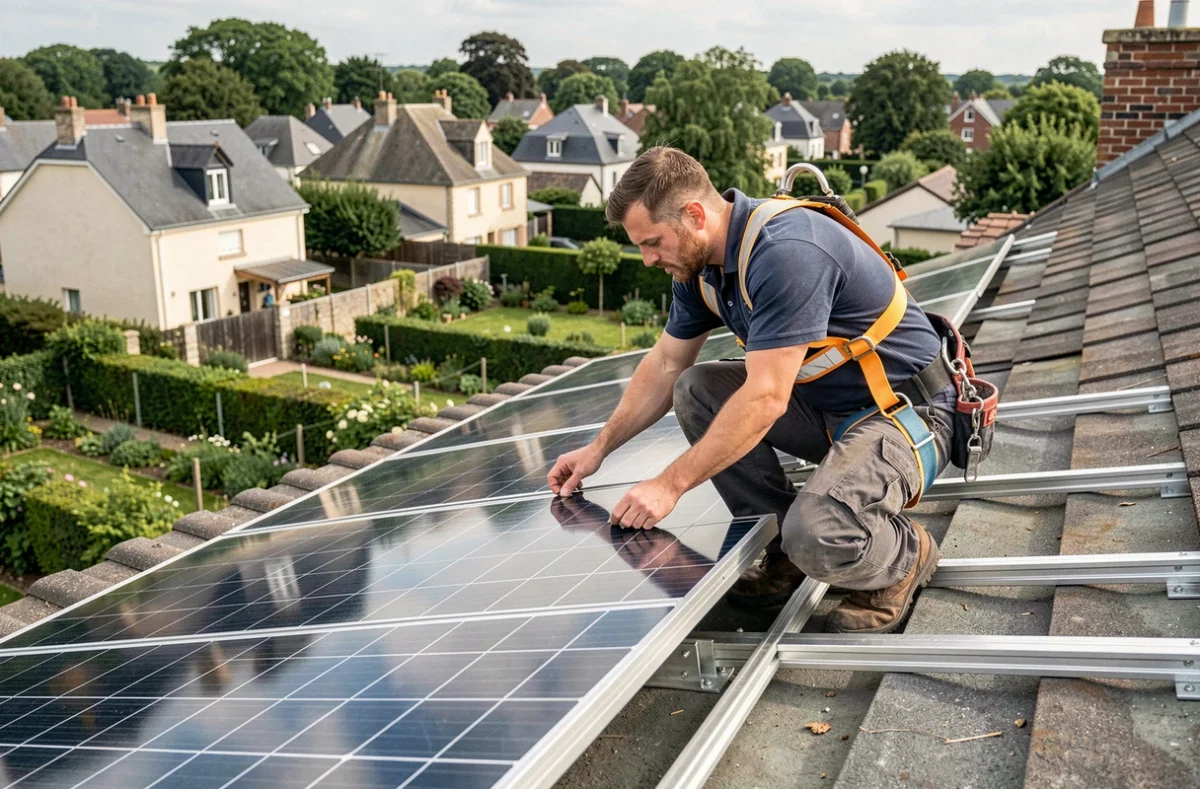 Technicien Frexolaire installant des panneaux photovoltaïques sur un toit en pente d'une maison en Île-de-France pour l'autoconsommation solaire