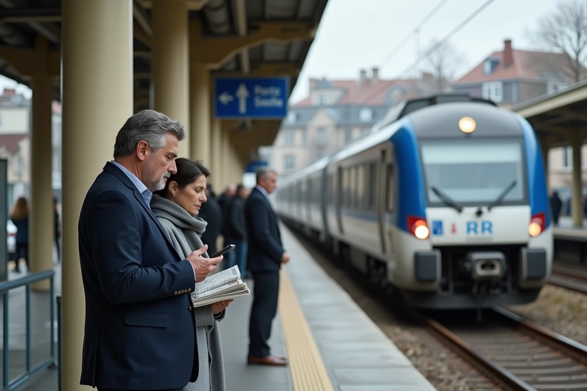 Quai de la gare RER de Maisons-Laffitte avec voyageurs attendant le train en Île-de-France