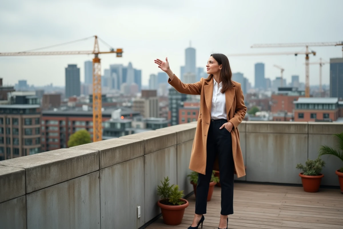Gestionnaire d'actifs urbains sur le toit d'un immeuble rénové avec panorama de la ville en transformation en arrière-plan