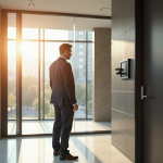 Gestionnaire immobilier inspectant le lobby moderne d'un immeuble