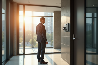 Gestionnaire immobilier inspectant le lobby moderne d'un immeuble