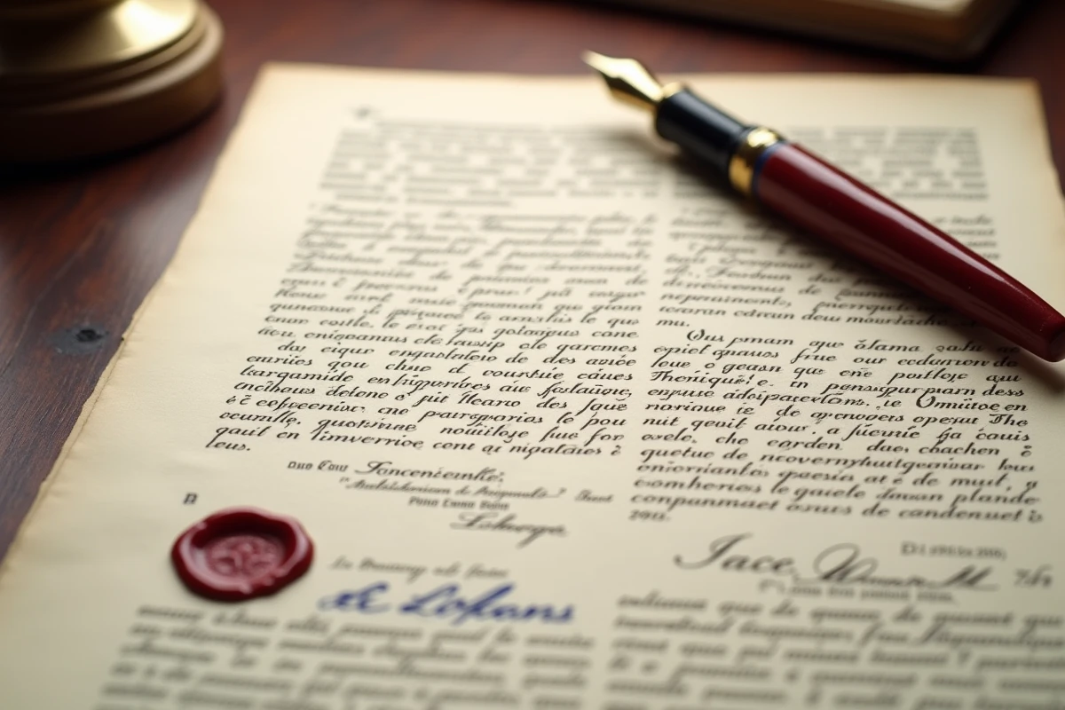 Gros plan d'un acte notarié français avec sceau en cire rouge, signature manuscrite et cachet officiel sur bureau en acajou à Limoges
