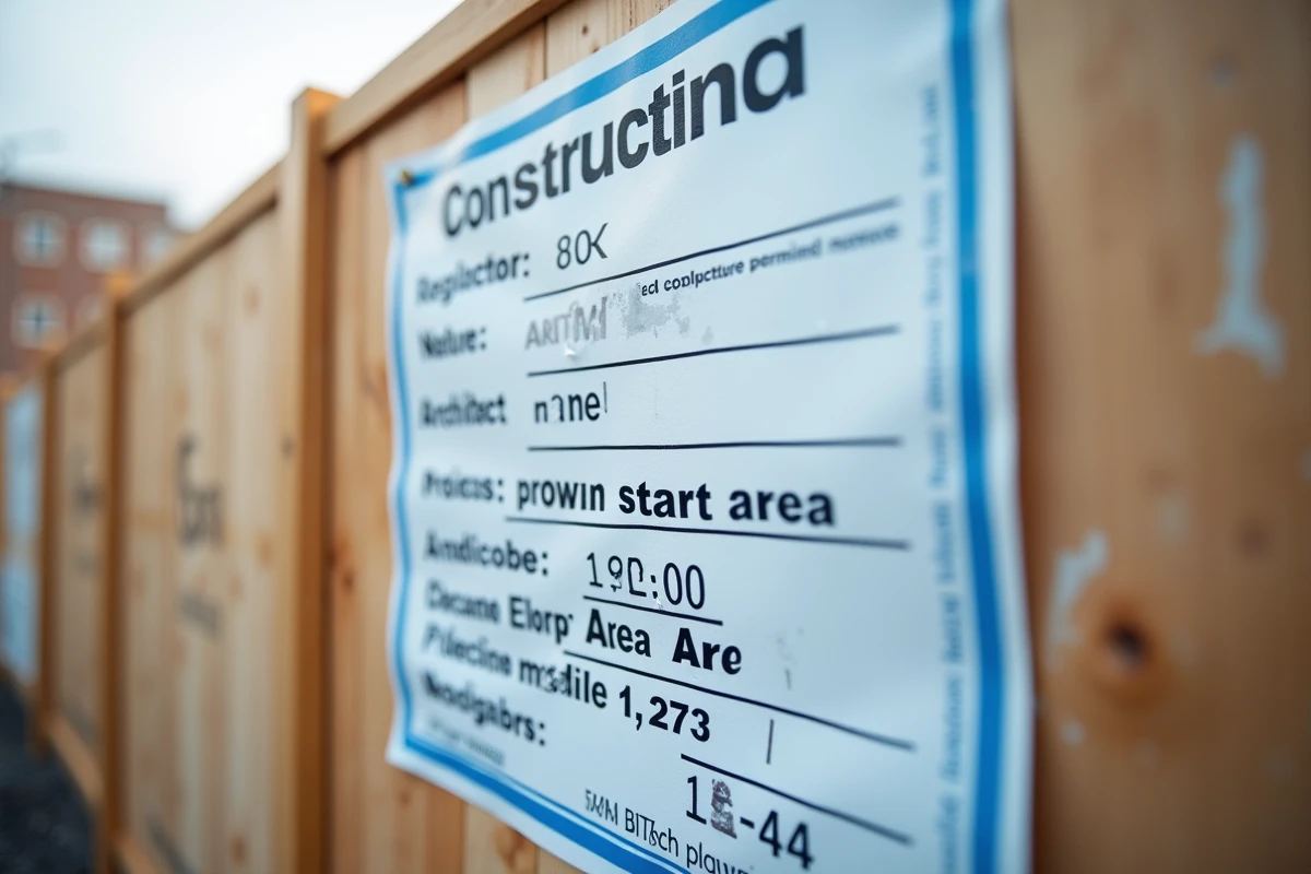 Gros plan sur les mentions légales d'un panneau de permis de construire affiché sur une palissade de chantier en bois