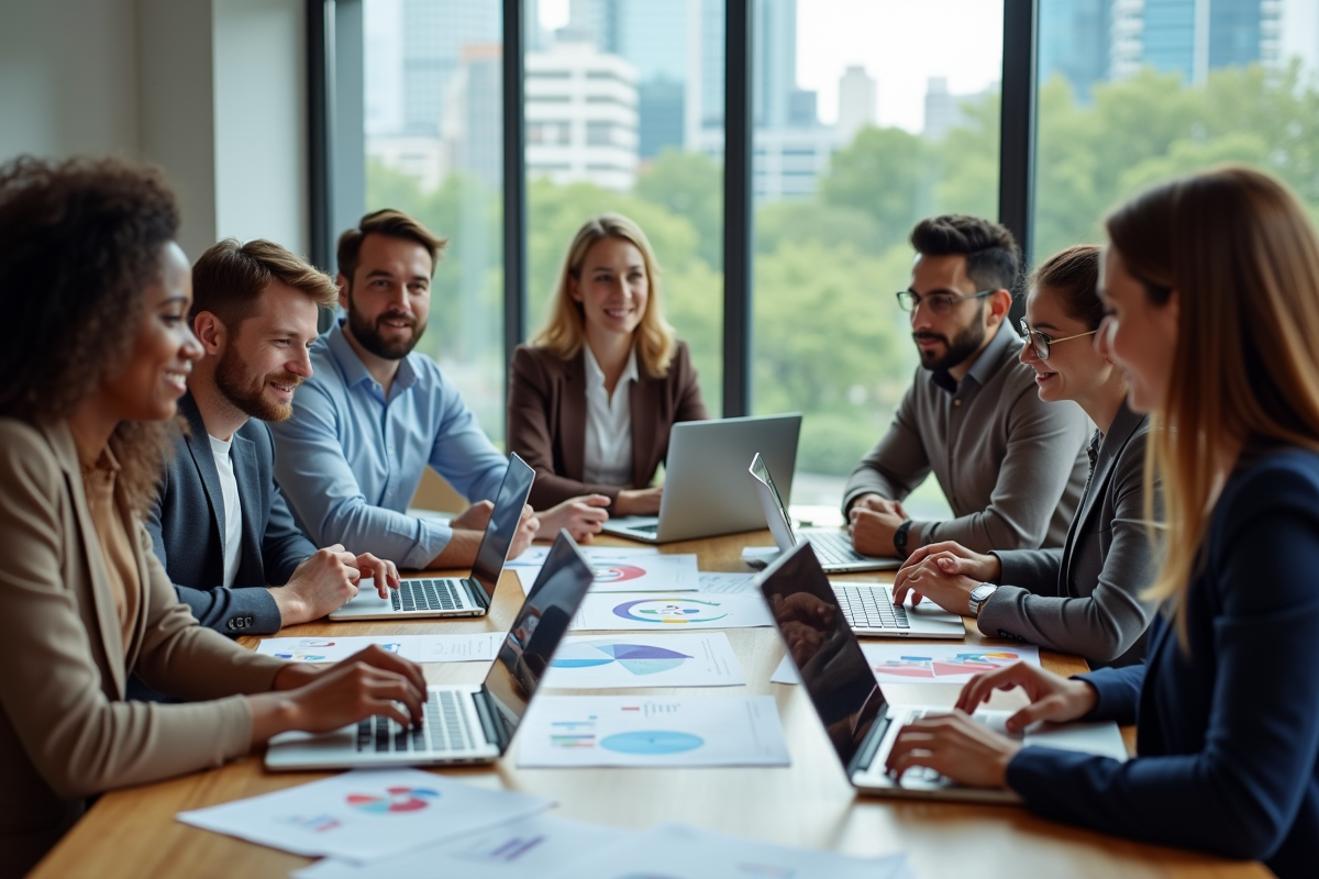 Groupe de personnes discutant autour d'une table en immobilier